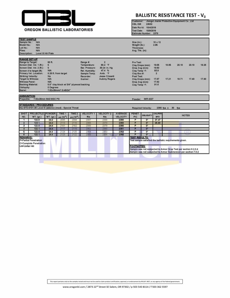 PE Ballistic Plate OBL M80 and M43 NIJ III+ 0101.06 Or NIJ 0101.07 RF1 Rated Test Report 3